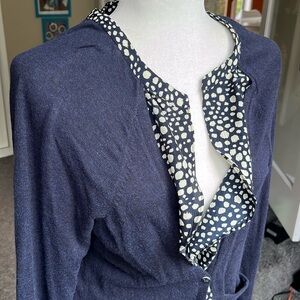 ⚓️Anthropologie HWR Monogram Ruffle Cardigan Navy Blue Polka Dot Womens large